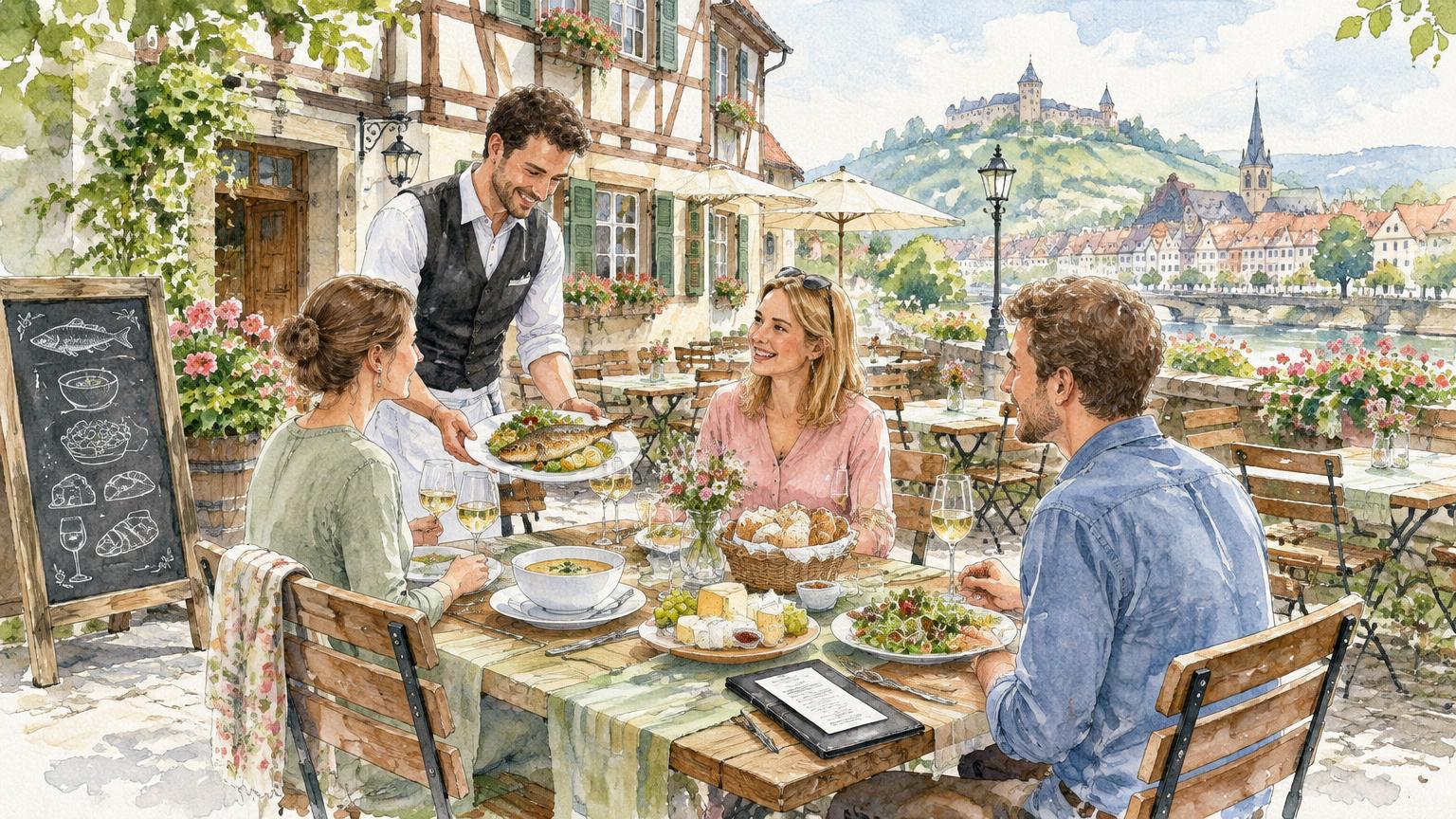 Watercolor of At the restaurant