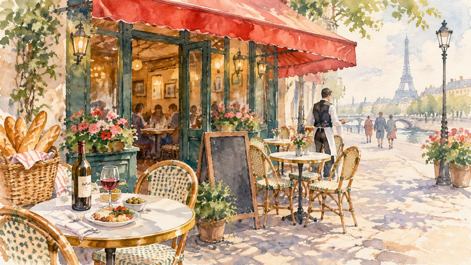 Watercolor of at the restaurant