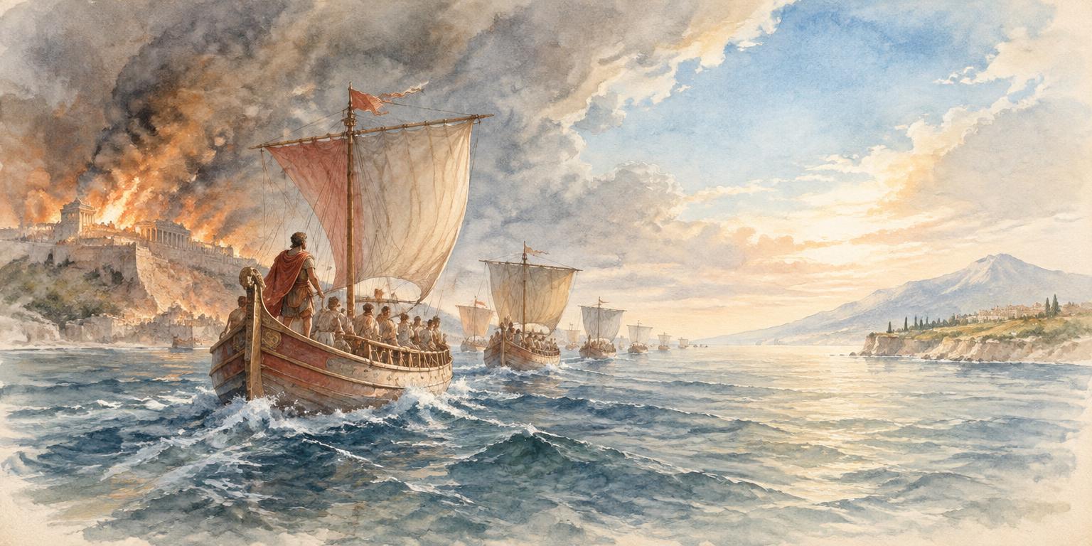 Watercolor of Virgil, Aeneid 1.1–7