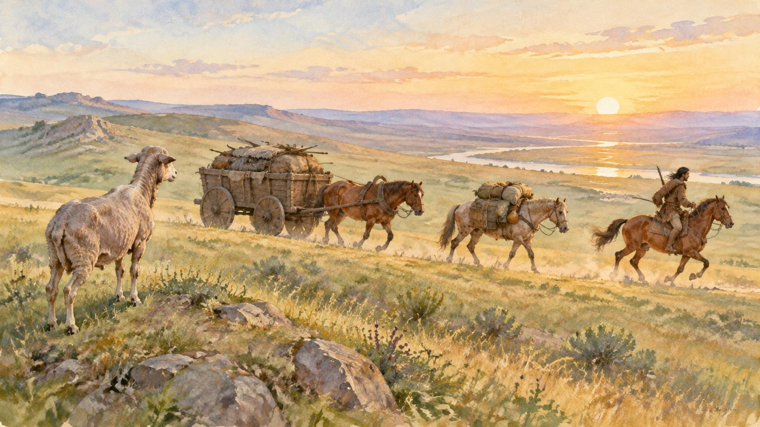 Watercolour of a woolless sheep watching horses on the steppe